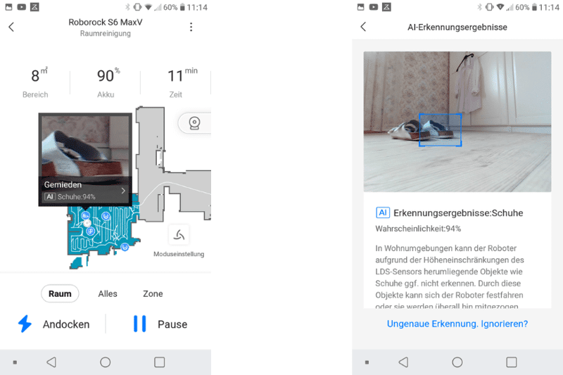 Darstellung der erkannten Hindernisse des Roborock S6 MaxV in der Handy-App